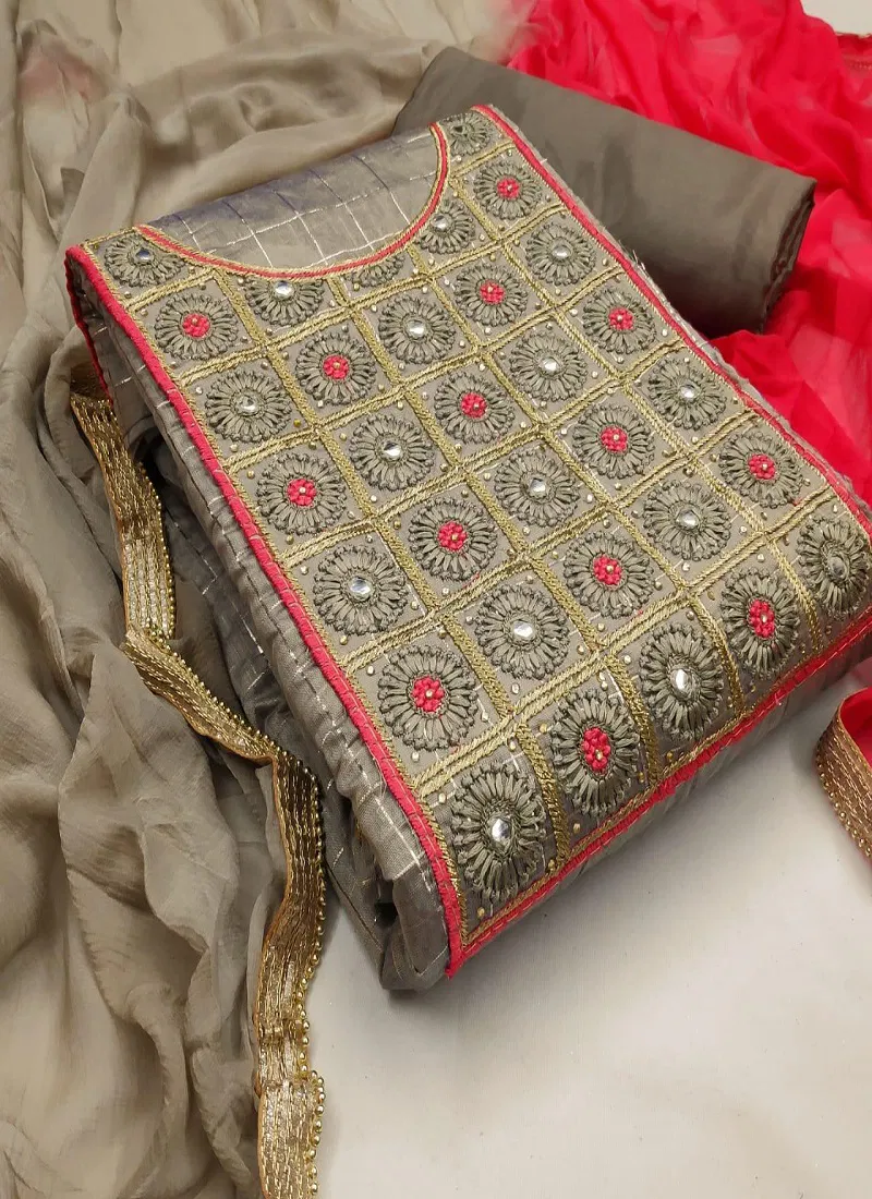 Latest Collection Of Moodal Chanderi Checks Having Embroidery Work with Diamond Work and Heavy Narzlin Four Sided Border Lace Dupatta